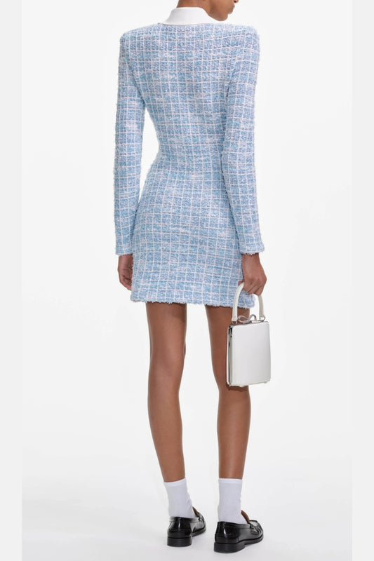 check collared knit mini dress in blue
