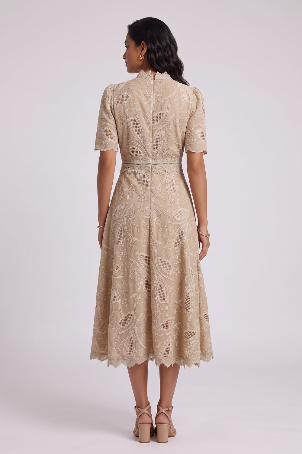 Beige Embroidered Organza A-Line Midi Dress beige embroidered organza or linen-blend dress - product view 5