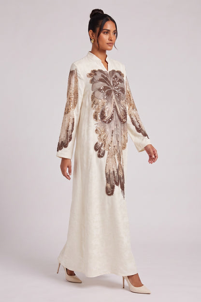 Cream Textured crepe or raw silk A-line Kaftan dress Cream Textured crepe or raw silk Kaftan dress - product view 3