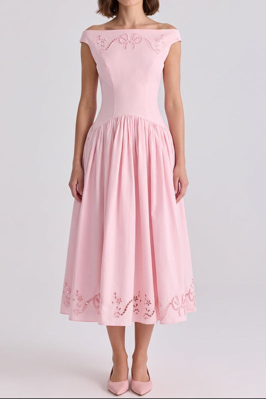 Light Pink Fit-and-Flare Midi Dress with Eyelet Embroidery light pink structured cotton poplin dress - product view 1