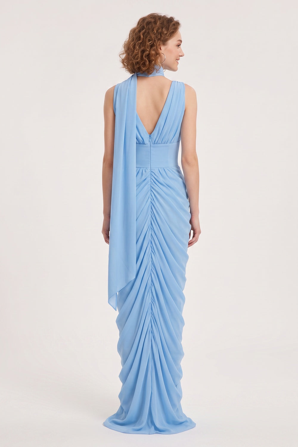 Light Blue Cowl Neckline Floor-Length Gown with Front Ruching Premium Fabric - product view 3