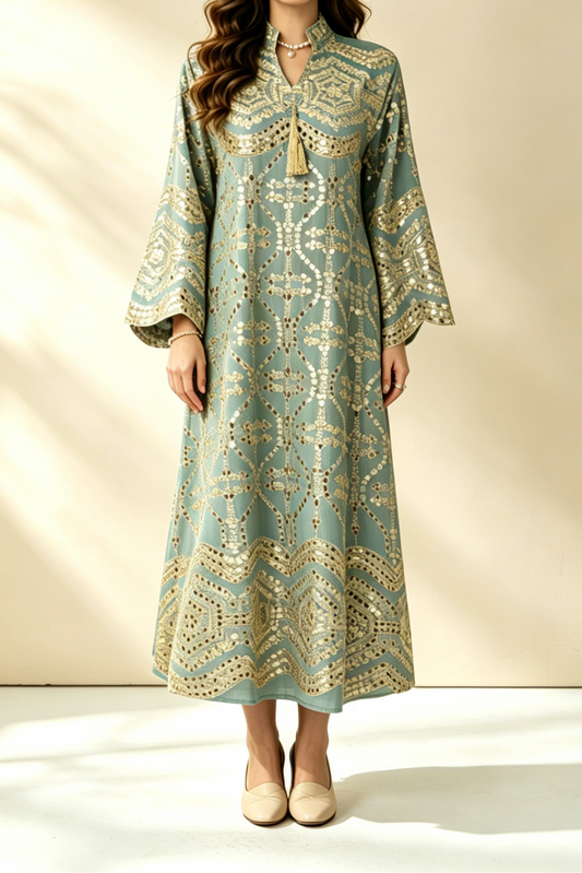 Sage Green Gold Sequin Embroidered Stand Collar Flare Sleeve Midi Kaftan Dress