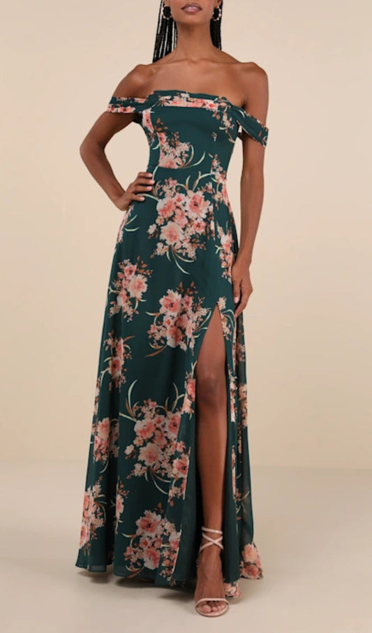 Emerald Green Floral Off-the-Shoulder Maxi Dress