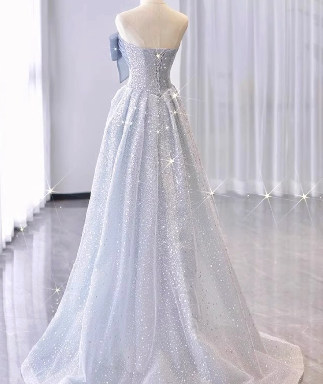 Silver-Blue Glitter Tulle A-Line Evening Gown