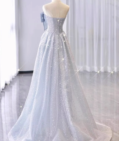 Silver-Blue Glitter Tulle A-Line Evening Gown