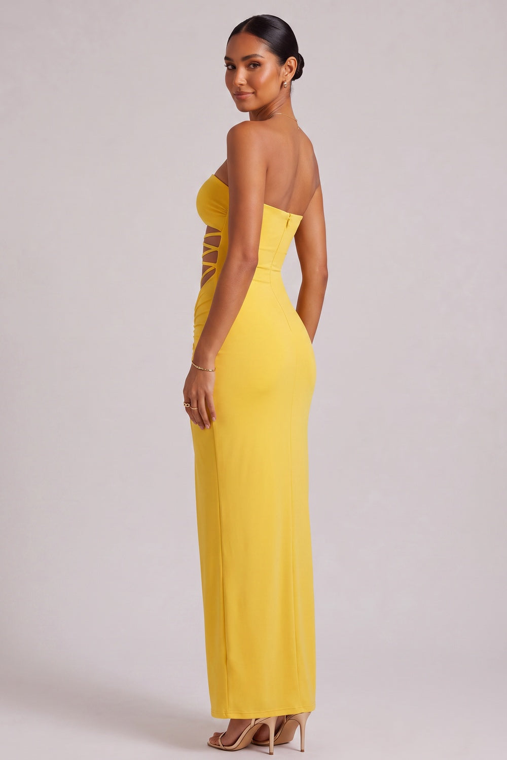 Yellow Strapless Maxi Dress with Side Cutout Detail Premium Fabric - product view 1