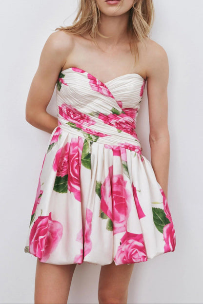 rose light Bubble Hem strapless Mini Dress