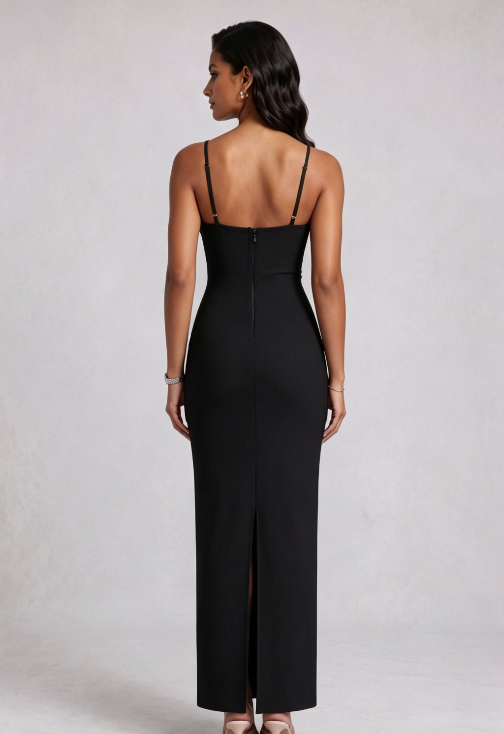Black Heavy Stretch Knit Column Evening Gown with Crystal Embellishments