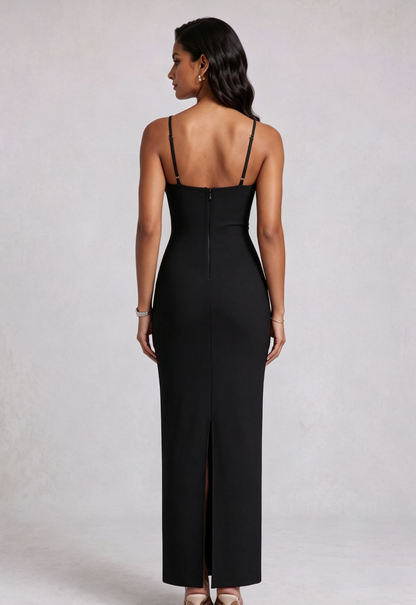 Black Heavy Stretch Knit Column Evening Gown with Crystal Embellishments