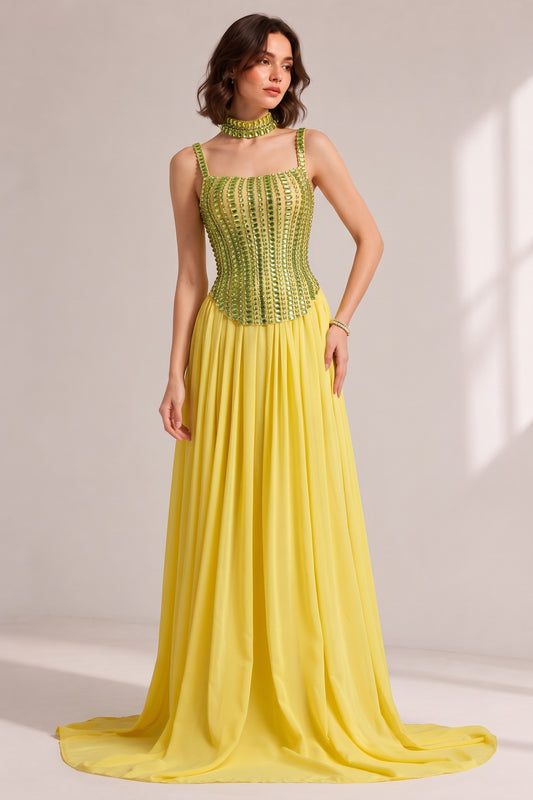 Lime Green Rhinestone Spaghetti Strap Choker Neck Pleated Chiffon Train Evening Gown