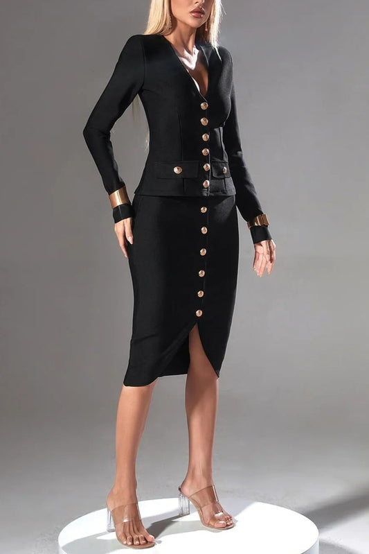 Long Sleeve Single Breasted Bandage Set in black