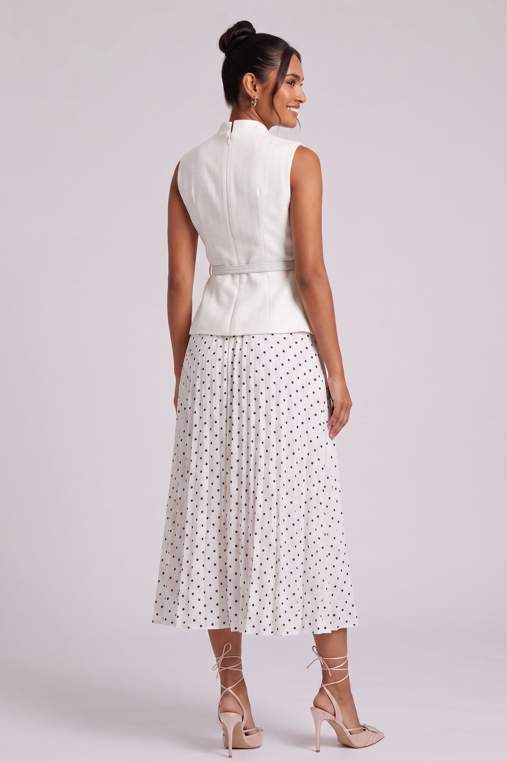 Premium Fabric Two-Piece Set - White Peplum Top & Polka Dot Midi Skirt Premium Fabric - product view 2