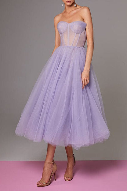 Lavender Strapless Puffy Midi Tulle Dress