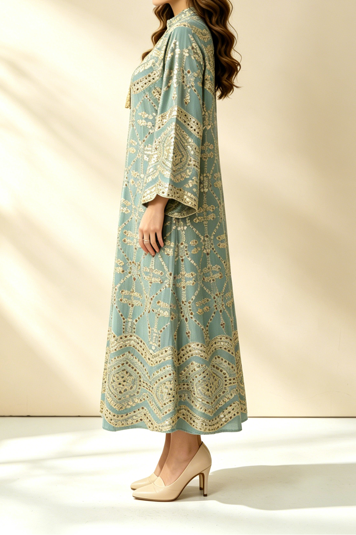 Sage Green Gold Sequin Embroidered Stand Collar Flare Sleeve Midi Kaftan Dress
