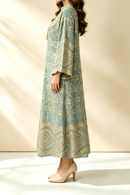 Sage Green Gold Sequin Embroidered Stand Collar Flare Sleeve Midi Kaftan Dress