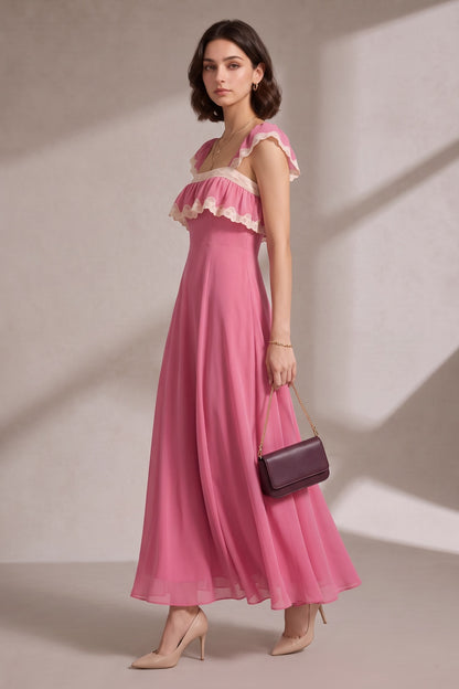 Pink Maxi Dress with Lace Trim and Ruffle Detail Premium Fabric - product view 1