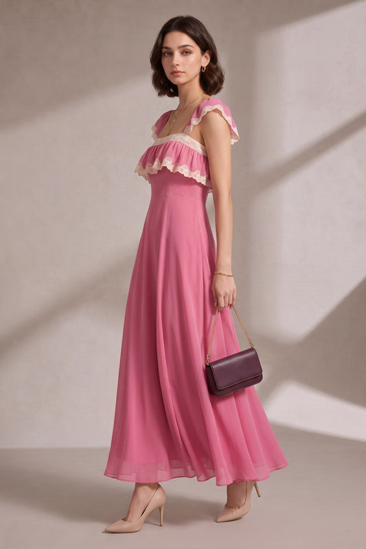 Pink Maxi Dress with Lace Trim and Ruffle Detail Premium Fabric - product view 1