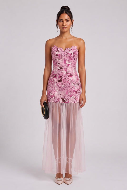 dusty pink embroidered floral lace fitted column mini with sheer maxi overlay dress dusty pink embroidered floral lace dress - product view 1