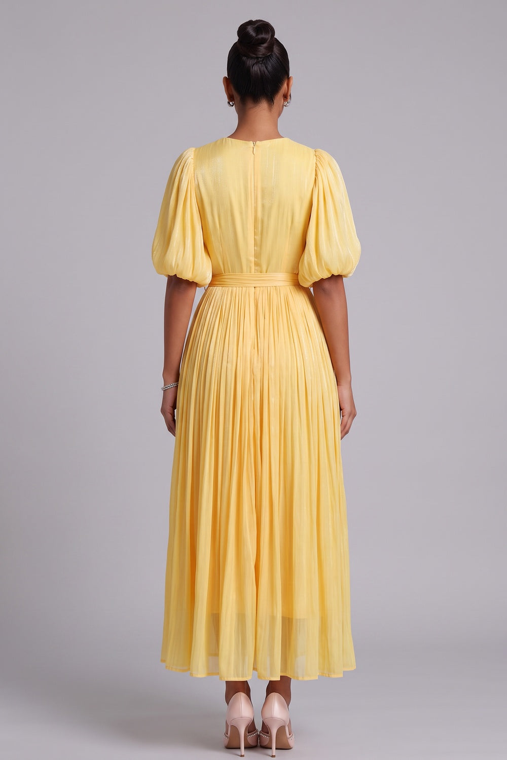 Yellow Midi Dress with Beaded Neckline and 3D Floral Appliqués Premium Fabric - product view 3
