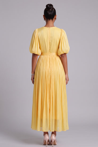 Yellow Midi Dress with Beaded Neckline and 3D Floral Appliqués Premium Fabric - product view 3