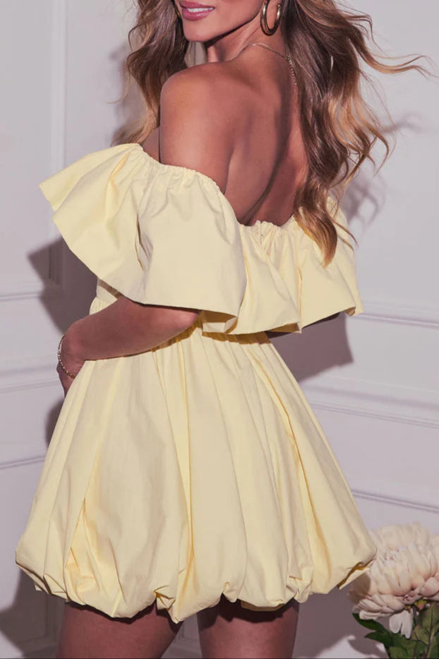 Ruffle Off-Shoulder puffy Mini Dress in yellow