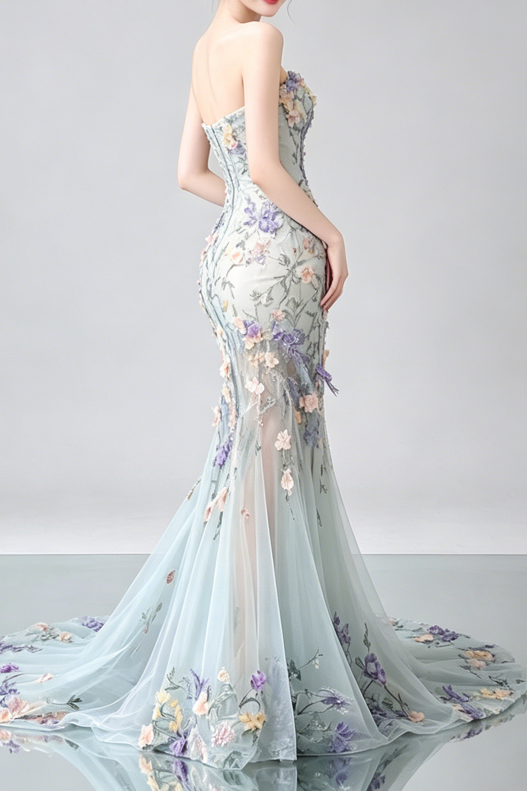 Strapless Pastel 3D Floral Tulle Mermaid Gown With Train