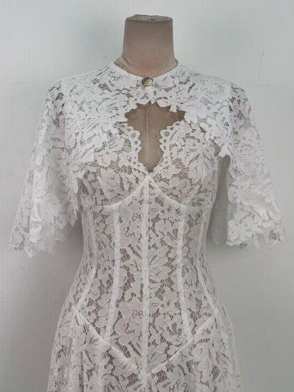 White Floral Lace A-Line Midi Dress with Keyhole Neckline
