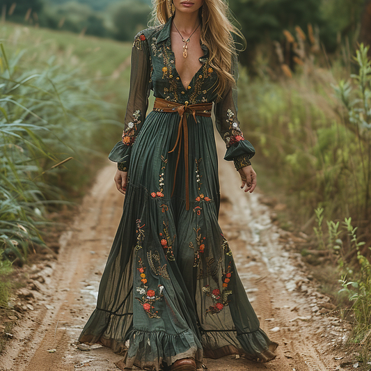 V-neck Linen floral Long-sleeved Long Dress
