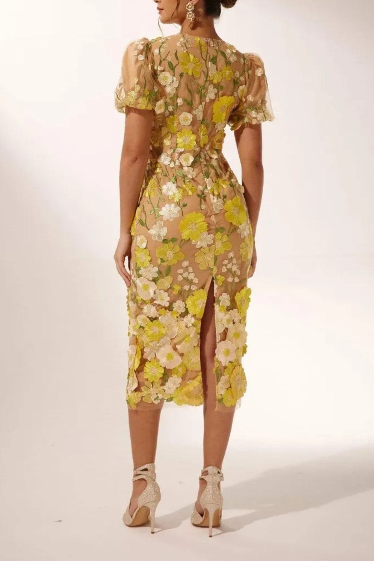 EREEN PUFF SLEEVES V-NECK FLOWER MIDI DRESS