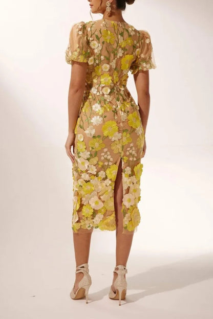 EREEN PUFF SLEEVES V-NECK FLOWER MIDI DRESS