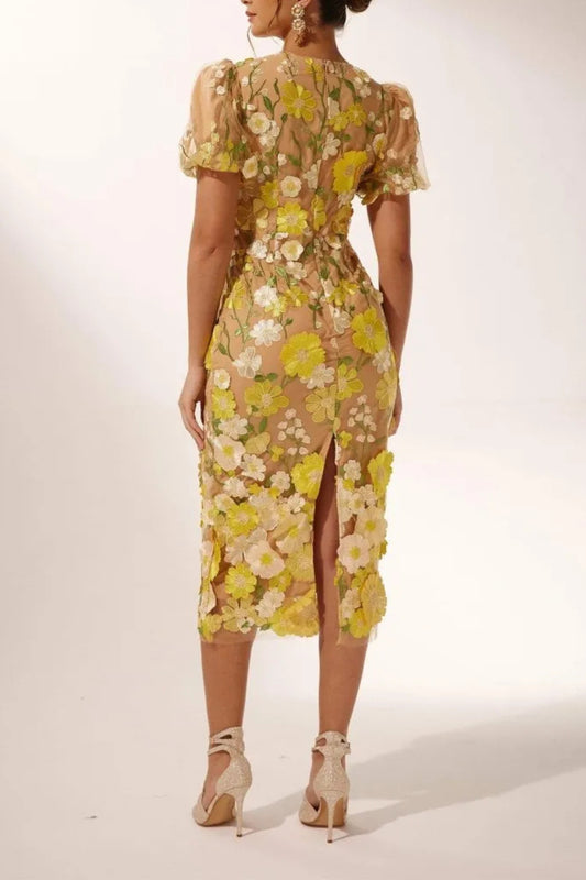 EREEN PUFF SLEEVES V-NECK FLOWER MIDI DRESS