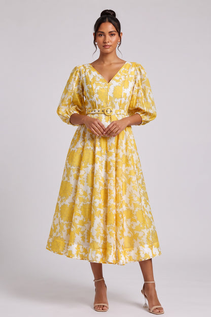 Yellow Floral Midi Dress with Belt Premium Fabric - product view 1