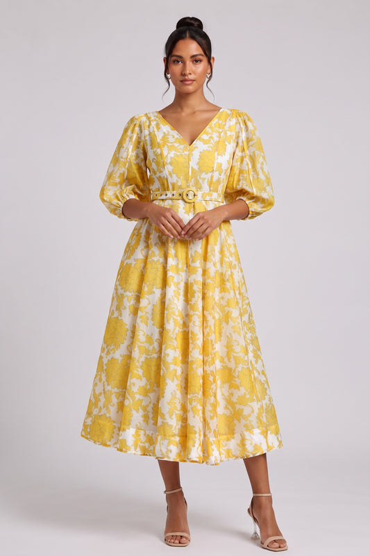 Yellow Floral Midi Dress with Belt Premium Fabric - product view 1