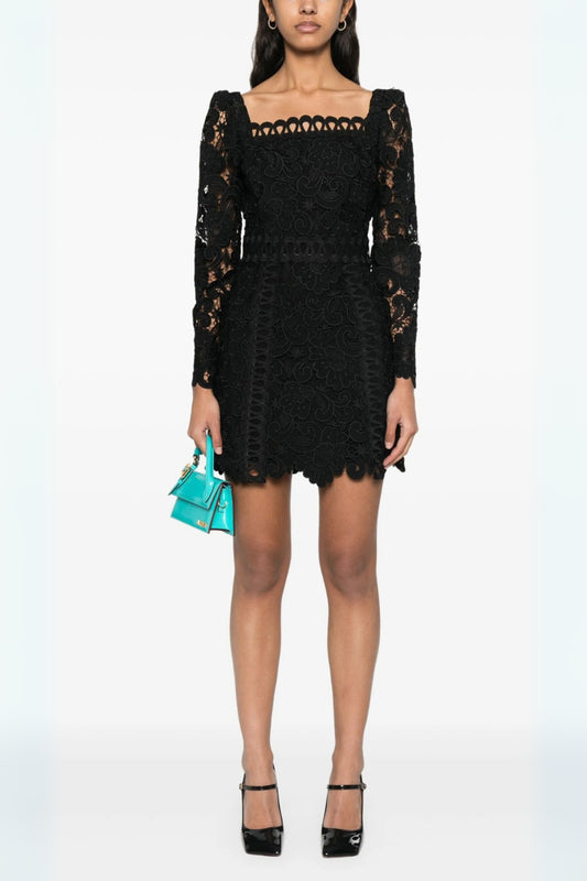 floral-motif hollow lace mini dress in black