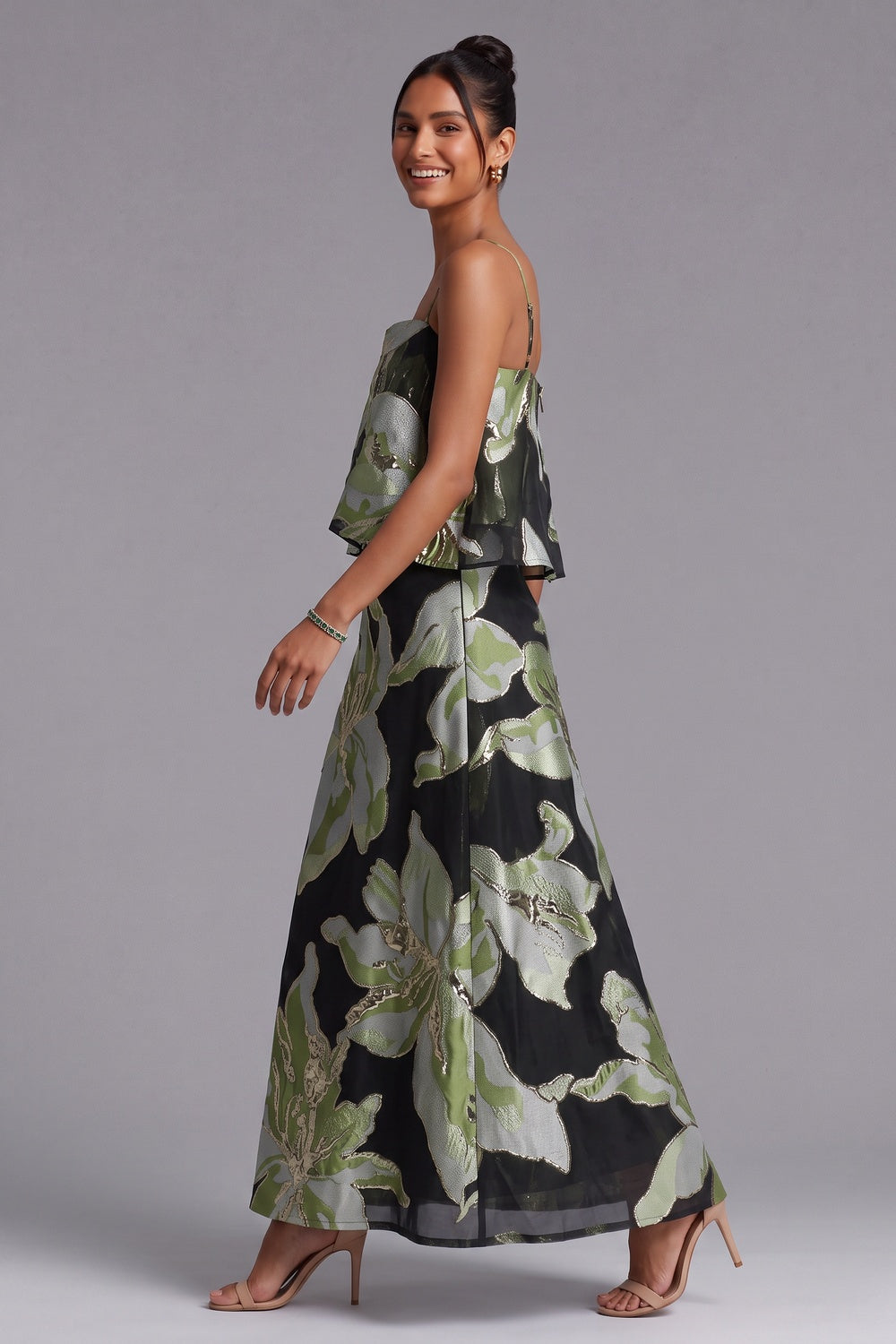 Black Metallic Floral Jacquard Two-Piece Set with Cropped Trapeze Top and Maxi Skirt black metallic floral jacquard two-piece matching set - product view 3