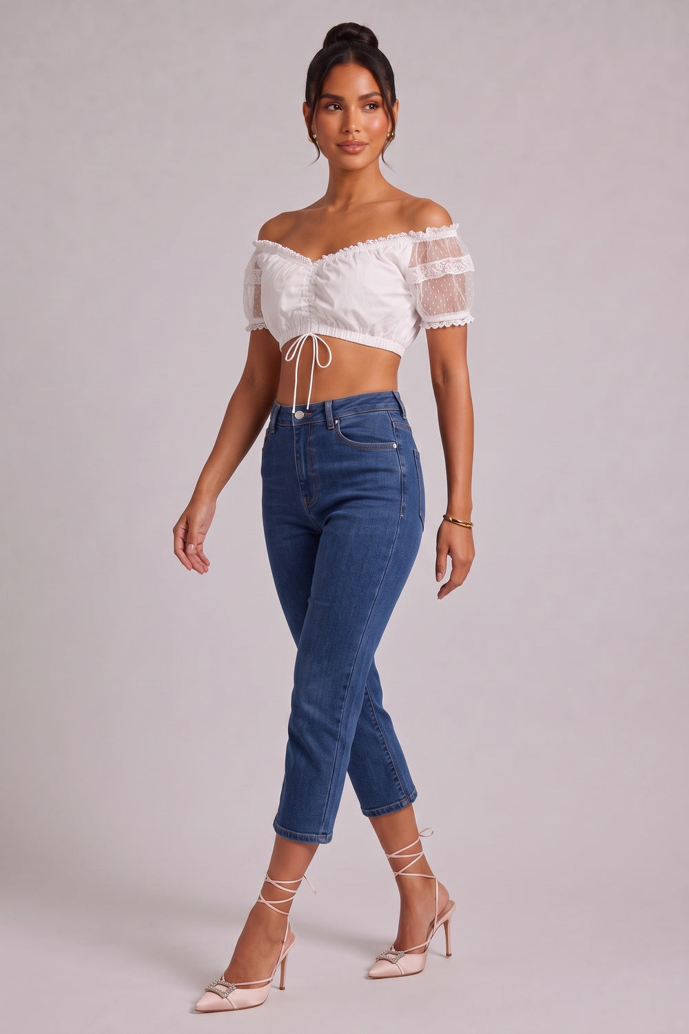 white cotton-blend woven cropped blouse white cotton-blend woven blouse - product view 4