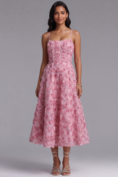 Pink 3D Rosette Textured Mesh A-Line Midi Dress pink 3D rosette textured mesh dress - product view 3