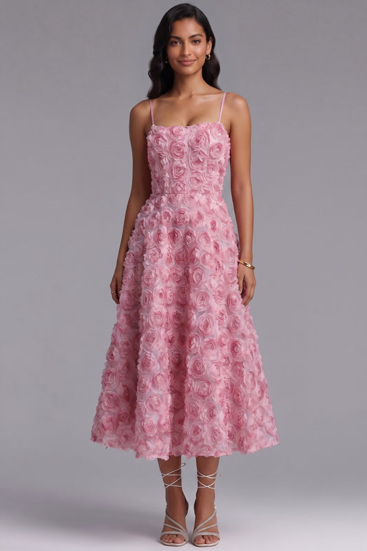 Pink 3D Rosette Textured Mesh A-Line Midi Dress pink 3D rosette textured mesh dress - product view 3