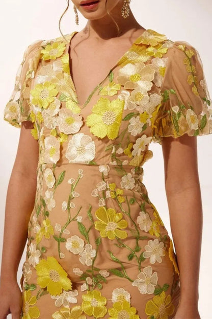 EREEN PUFF SLEEVES V-NECK FLOWER MIDI DRESS