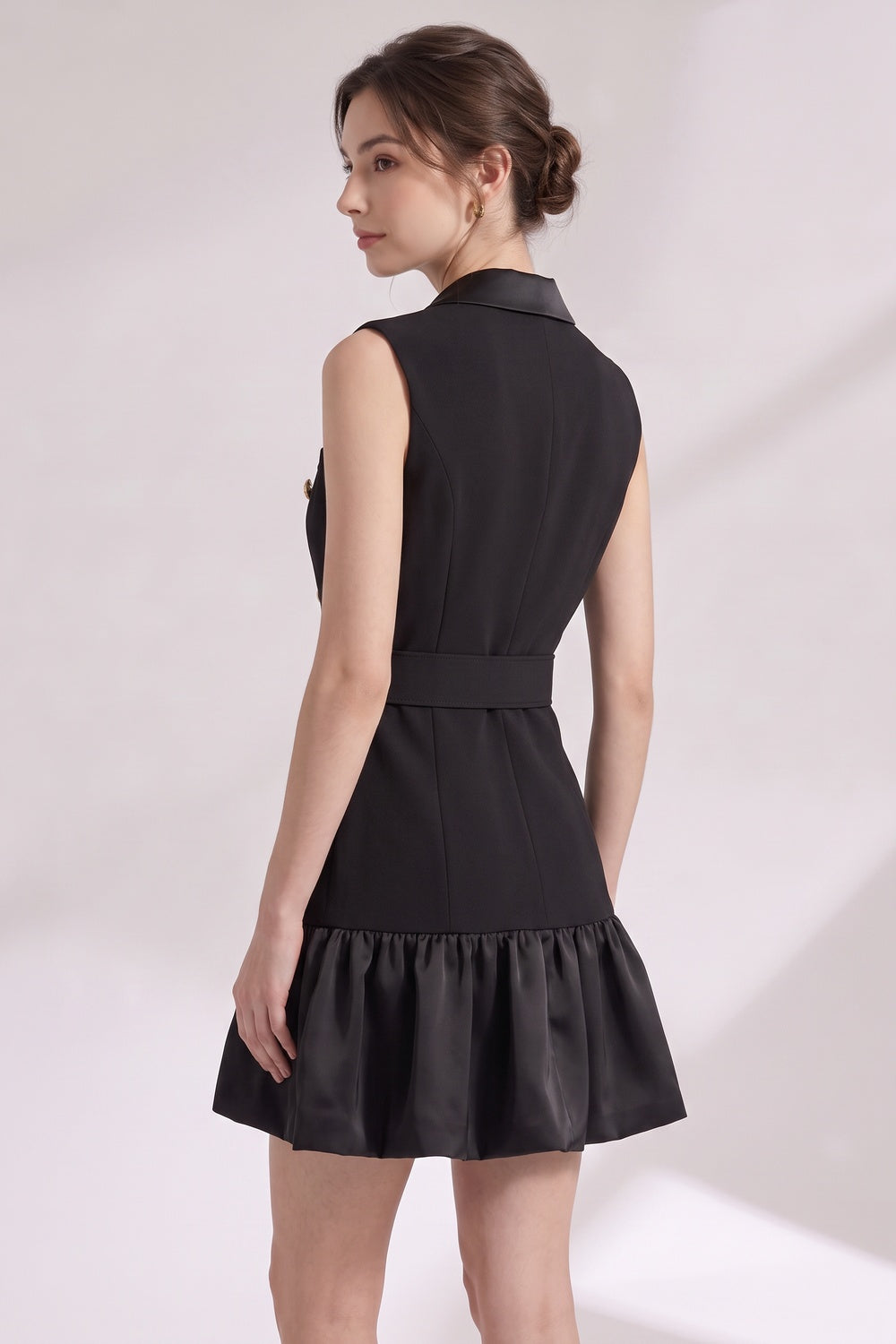 Black Matte Suiting Crepe Tailored Bodice with Flared Ruffled Hem Blazer Dress black matte suiting crepe blazer dress - product view 5