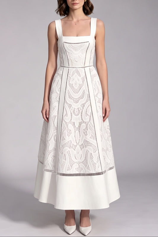 White Embroidered Eyelet Lace A-Line Midi Dress white embroidered eyelet lace dress - product view 1