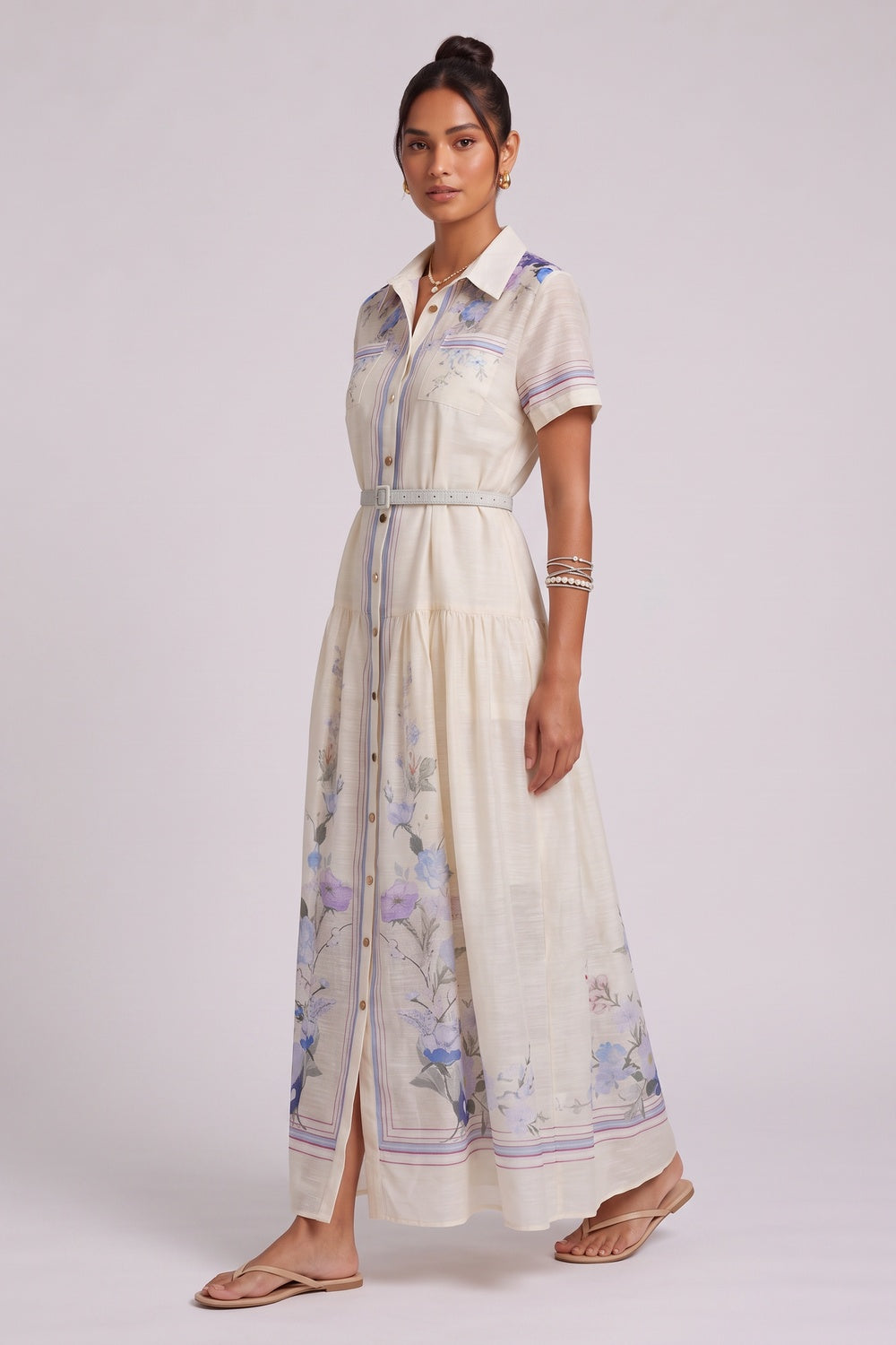 Cream Floral Collared Maxi Dress Premium Fabric - product view 2