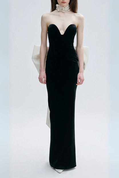 hermosa silk strapless bow gown in black