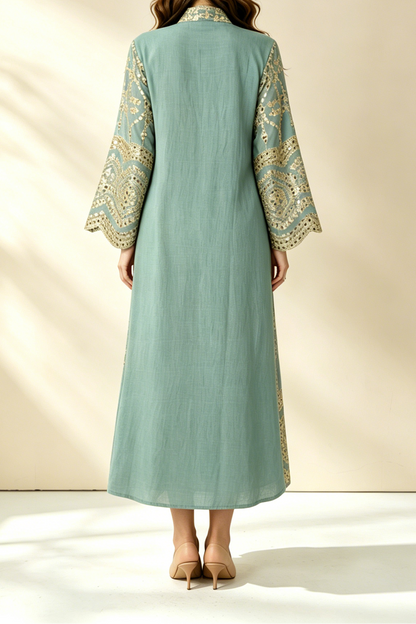 Sage Green Gold Sequin Embroidered Stand Collar Flare Sleeve Midi Kaftan Dress
