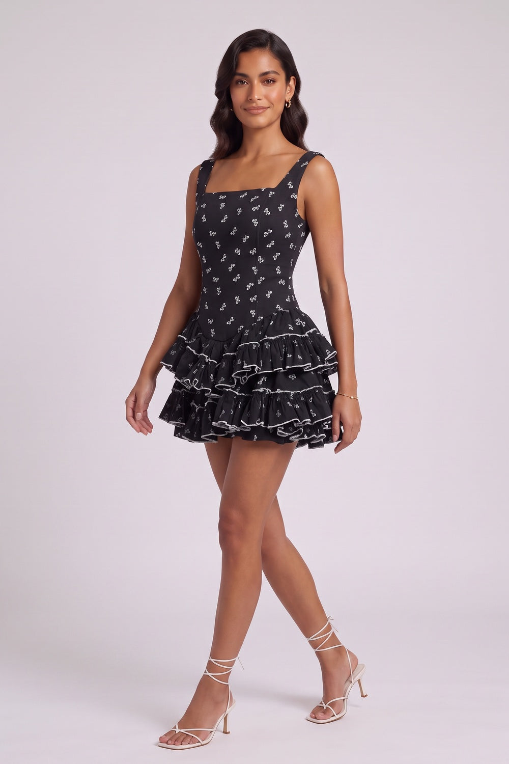 Black Cotton-Blend Fit-and-Flare Mini Dress with Ruffled Skirt black cotton-blend woven dress - product view 4