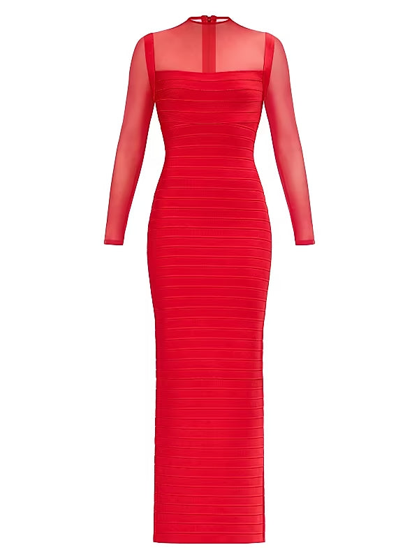 tina Red long-sleeve mesh see-through bandage maxi dress