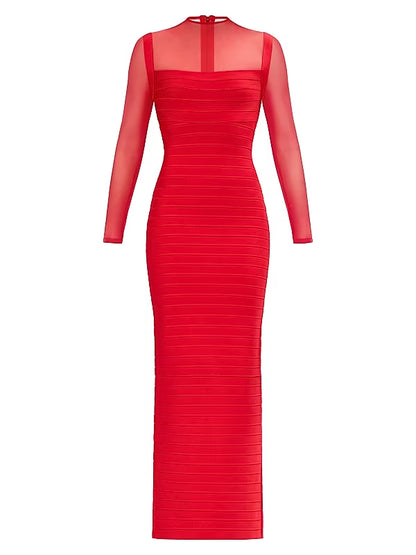 tina Red long-sleeve mesh see-through bandage maxi dress
