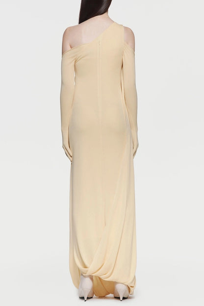 xaviera one-shoulder pleated backless maxi dress in yellow