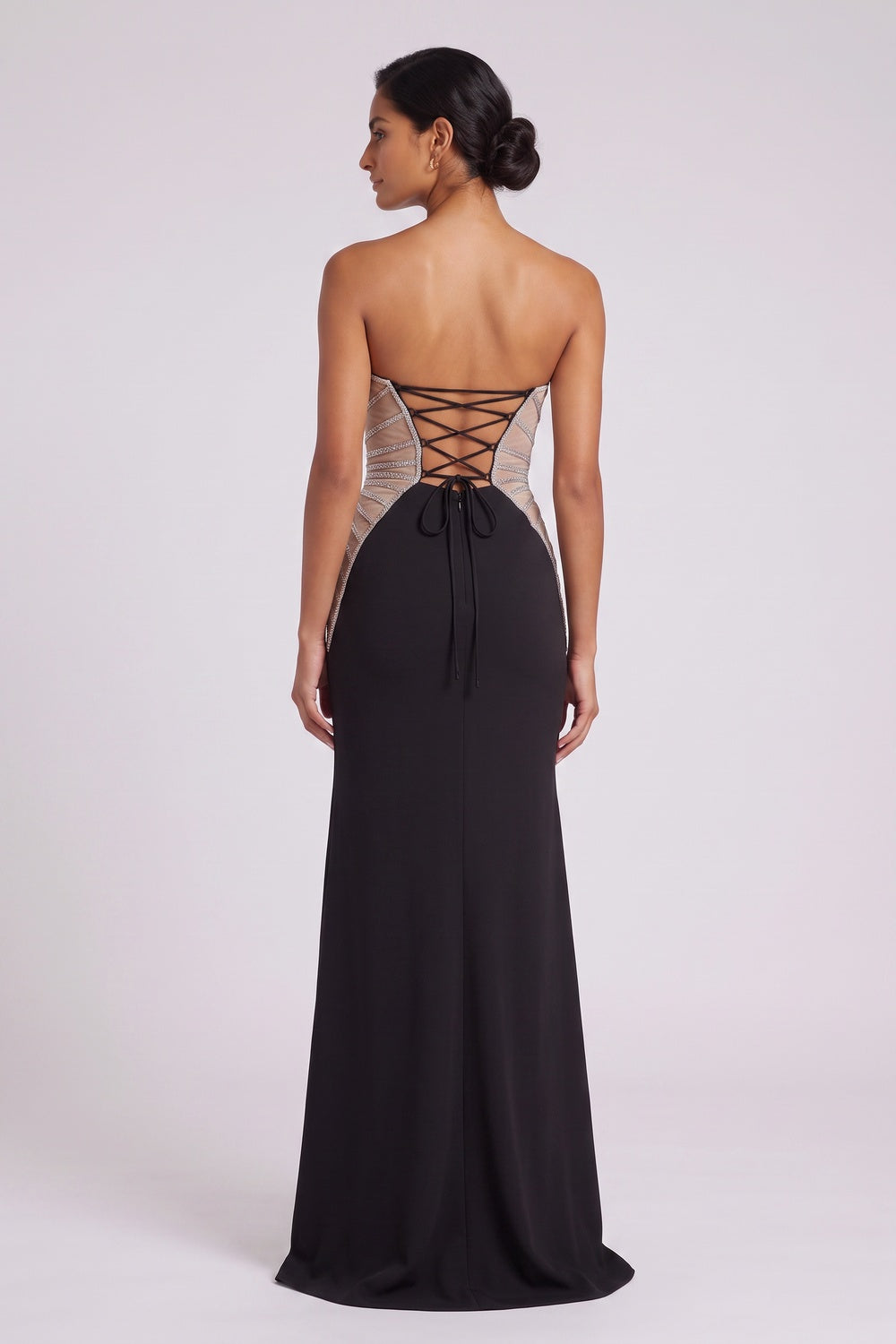 Black Lace-Up Back Maxi Dress with Embellished Mesh Panels Premium Fabric - product view 1