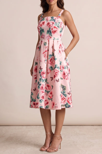 Pink Rose Print Square Neck Wide Strap Fit-and-Flare Midi Dress